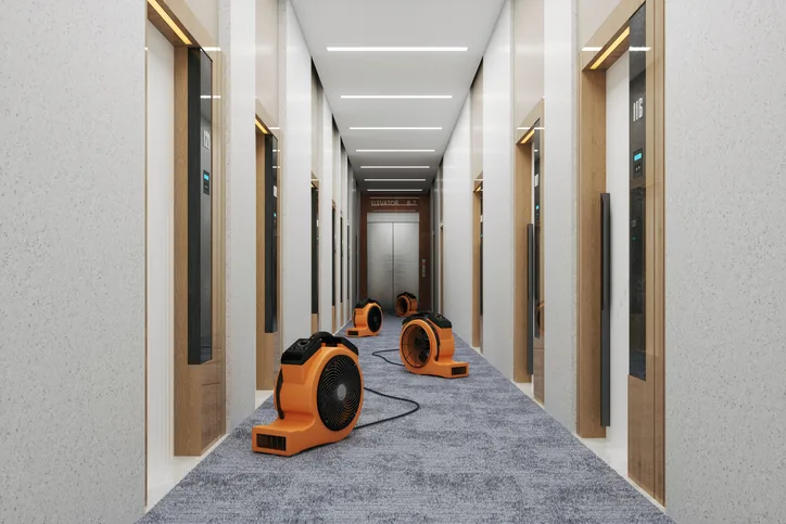 Orange air movers drying a water-damaged carpeted corridor in a commercial building