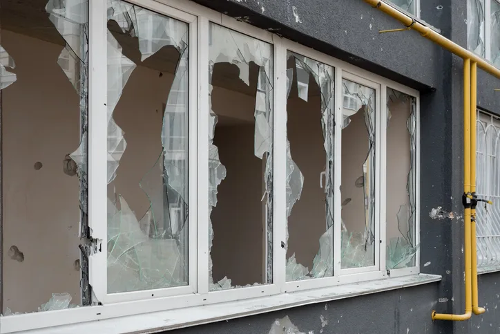 Row of building windows with glass smashed out after a vandalism and break-in loss